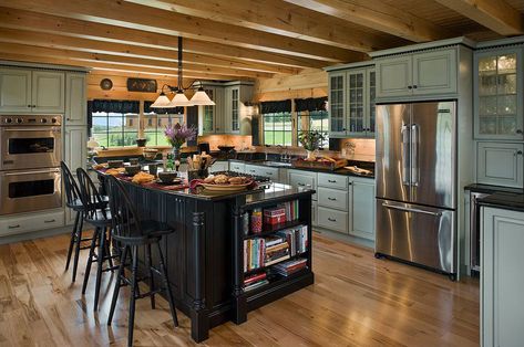 Small Log Cabin Kitchens, Timber Frame Kitchen, Log Cabin Kitchens, Log Cabin Kitchen, Log Home Kitchen, Log Home Interior, Log Home Kitchens, Kitchen Layouts With Island, Log Cabin Interior