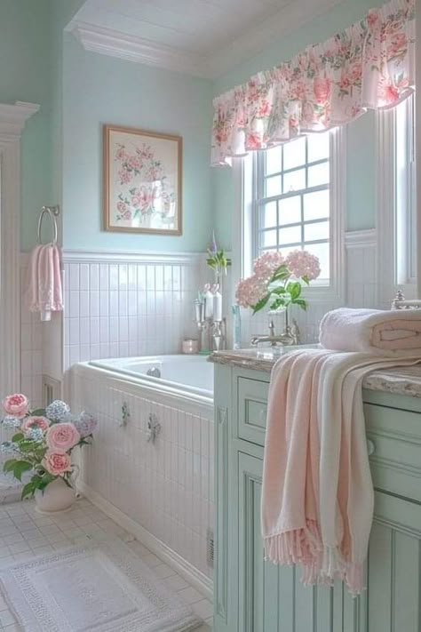 Soft Green Interior Design, Pastel Pink Bathroom Decor, Pastel Green Interior Design, Bathroom Ideas Curtains, Mint And Pink Bathroom, Bloxburg Cute House Ideas, Pastel Dream Aesthetic, Baby Blue Bathroom Ideas, Pastel House Interior