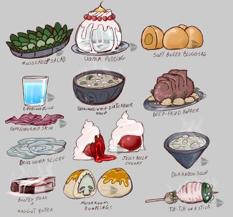 Alien Food Concept Art, Fantasy Food Concept Art, Fantasy Food Art, Worldbuilding Art, Drawings Of Food, Food Fanart, Mushroom Dumplings, Dnd Food, The Hollow Knight