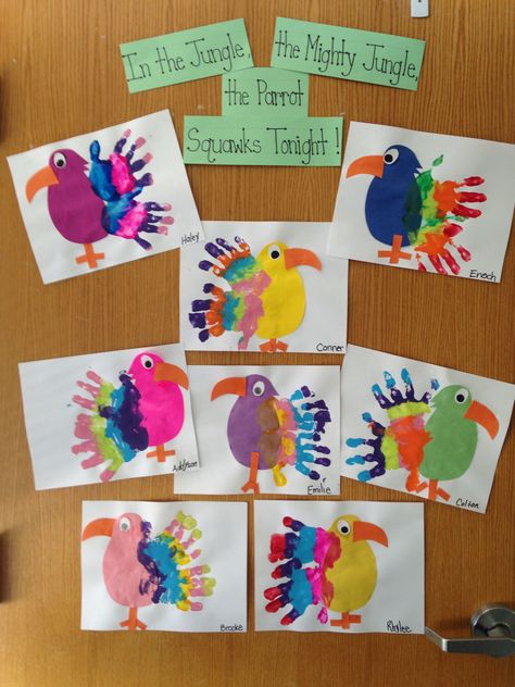 PreK"parrots" handprints Parrot Handprint Craft, Parrot Art For Kids, Parrot Craft, Animal Crafts Preschool, Jungle Crafts, Zoo Crafts, Preschool Rooms, Crafts Preschool, Jr Art