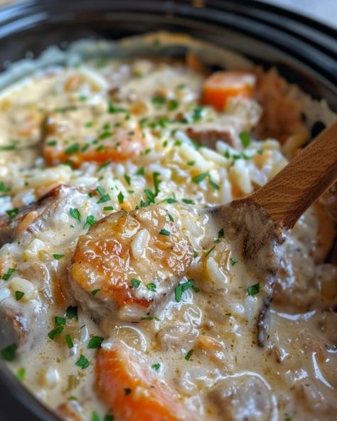 Hot Dish Recipes Minnesota, Hot Dish Recipes, Minnesota Recipes, Minnesota Hot Dish, Pork Chop Casserole, Slow Cooker Kitchen, Honey Glazed Carrots, Juicy Pork Chops, Hearty Casseroles