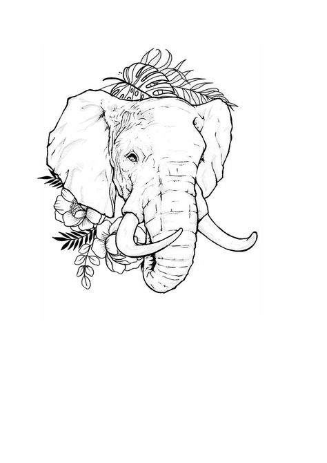 Elephant With Flowers Tattoo, Elephant Head Tattoo Design, Tattoo Ideas Female Elephant, Elephant Tattoos Men, Elephant Tattoo Stencil, Elephant Face Drawing, Easy Elephant Drawing, Elephant Head Tattoo, Lioness Tattoo Design