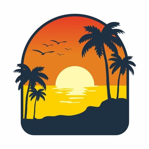 Beach Vector Art, Sunset Design Graphic, Beach Illustration Design, Beach Sunset Illustration, Sunset Logo Design, Orange Sunset Beach, Sunset Cartoon, Sunset Vector Illustration, Sunrise Vector