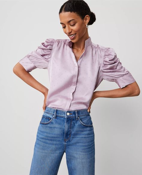 Satin Clip Shirred Puff Sleeve Top Shirred Sleeve, Women Work Blouse, Business Casual Top, Flattering Pants, Puff Sleeve Shirt, Knitted Suit, Womens Business Casual, Satin Blouses, Wardrobe Edit