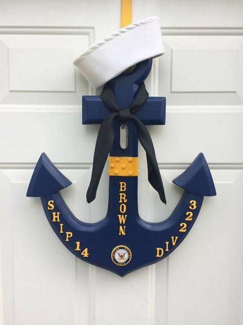 Us Navy Anchor Door Hanger, Wooden Anchor Crafts, Us Navy Wreath, Navy Boot Camp Graduation Anchor, Navy Bootcamp Graduation Anchors, Navy Graduation Anchor, Navy Pir Anchors, Navy Anchors For Graduation, Wooden Anchor Decor