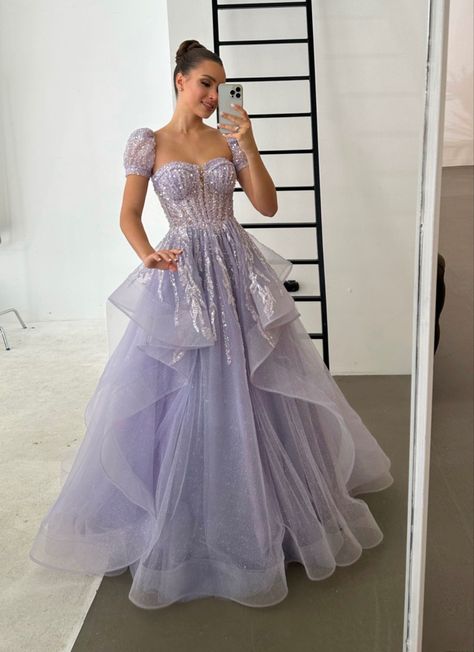 Simple Ball Gown Prom, Lilac Dress Outfit Wedding, Lilac Gown, Debut Gowns, Ball Gown Princess, Sequin Ball Gown, Prom Dress Inspo, Tulle Ruffles, Dress With Tulle