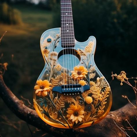 Decorated Guitar Aesthetic, Acoustic Guitar Aesthetic Painted, Decorated Acoustic Guitar Aesthetic, Glass Guitar Aesthetic, Resin Guitar, Painted Guitar Acoustic Flowers, Instruments Art, Tall Tales, Aesthetic Hoodie