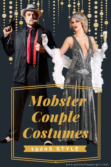 1920s Couple Costumes for Halloween and themed events. Gorgous flapper dresses and men's gangster outfits. Turn heads at your next event - dress to impress with these styles! Flapper Couple Costume Roaring 20s, Mobster Couple Costume, Roaring 20s Party Outfit Couple, Flapper Couple Costume, Gangster Couple Costume, Halloween Costumes Gangster, 1920s Couple Costume, 1920s Outfits Women, 1920s Gangster Women