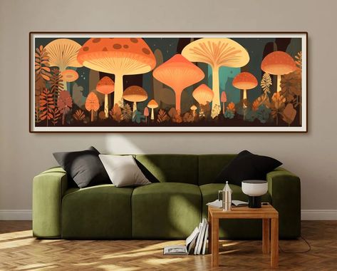 Horizontal Long Canvas Painting Ideas, Long Paintings Horizontal, Horizontal Canvas Painting, Horizontal Art, Wide Art, Mushroom Poster, Horizontal Painting, Long Painting, Minimalist Nursery