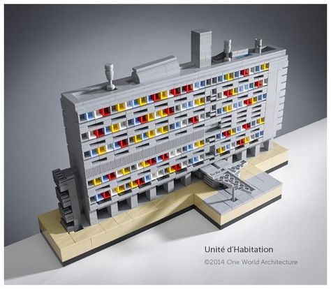 "Unite d’Habitation" (1952) in Marseille, France by architect Le Corbusier. "Unite" is a massive scale apartment building initally designed for lower income families in France. / LEGO model by One World Architecture firm.: Lego Architecture Building, Architecture Set, Micro Lego, World Architecture, Architectural Model, Arch Model, Lego Architecture, Lego House, Lego Models