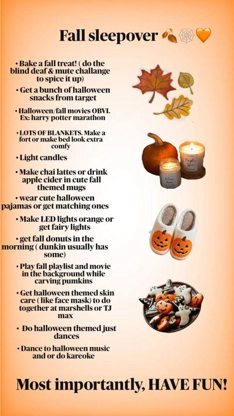 #fall #autumn #sleepover #halloween #aesthetic Fall Sleepover Ideas, Autumn Sleepover, 30 Bucket List, Fall Sleepover, Halloween Things To Do, Fall Donuts, Fun Sleepover Games, Halloween Sleepover, Halloween Bucket List