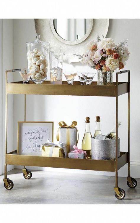 Acquire wonderful ideas on "bar cart decorating". They are actually readily available for you on our website. #barcartdecorating Bar Top Styling, Bar Cart Inspo Vintage, Styling Bar Cart, Glam Bar Cart, Bar Cart Inspo, Gold Bar Cart Styling, Perfect Bar Cart, Brass Bar Cart, Recessed Handle