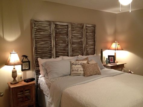 Headboard made from Old Shutters Bed Headboard Ideas, Old Window Shutters, Barn Windows, Diy Wood Headboard, Repurposed Headboard, Diy Shutters, Old Shutters, Doors Repurposed, Bedroom Idea