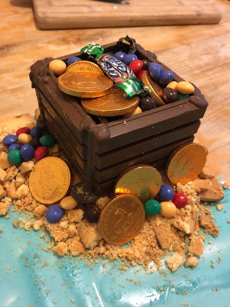 Treasure Chest Cake Diy, Kit Kat Treasure Chest Cake, Pirate Cake Diy, Pirate Lego Cake, Square Pirate Cake, Pirate Ship Cakes, Swiss Roll Cake, Candy Cake, Swiss Roll