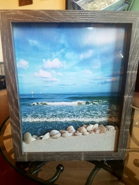 Beach House Wall Decor Living Room, Shells On Frames, Things To Make With Shells From The Beach, Sand And Shells From Vacation, What To Do With Clam Shells, Diy Seashell Crafts Vacation Memories, Beach Picture Frames Diy, Vacation Keepsake Ideas, Sand Dollar Shadow Box Diy