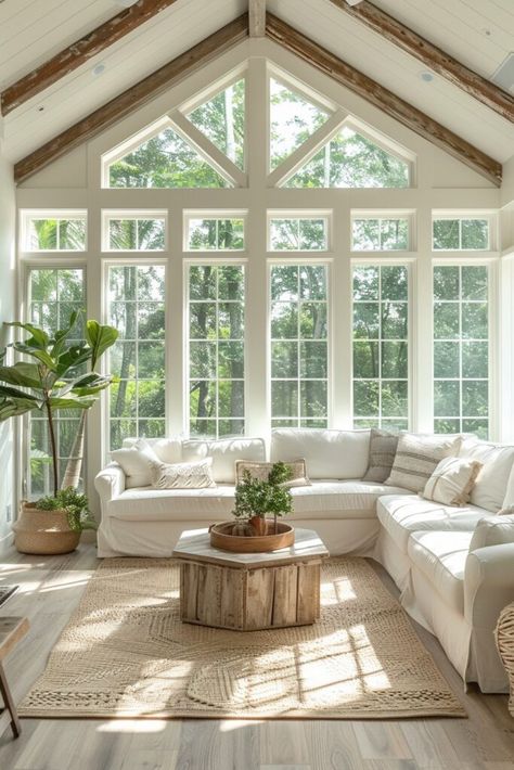 Luminous Minimalist Sunrooms Sunroom Large Windows, Interior Sunroom Ideas, Minimalist Sunroom, House With Natural Light, Sunroom Window Ideas, Farmhouse Sunroom Ideas, Sunroom Layout, Modern Farmhouse Sunroom, White Sunroom