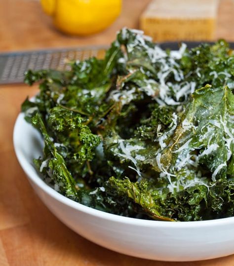 Crispy Kale Chips with Lemon and Parmesan - Once Upon a Chef Easy Kale Recipes, Kale Chips Recipe Baked, Roasted Kale, Braised Kale, Kale Chips Baked, Kale Chip Recipes, Baked Kale, Kale Recipes, Kale Chips