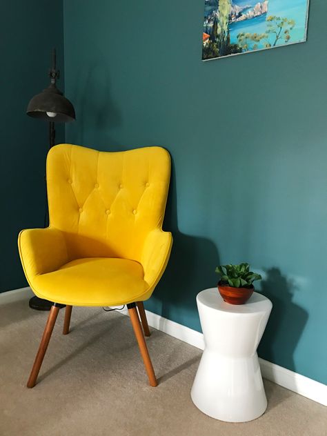 i used this yellow chair to add a small color splash into my moody teal and brass bedroom Yellow Chair Office, Yellow Chair Dining Room, Yellow Chair Bedroom, Yellow Chairs Dining, Teal Yellow Bedroom, Yellow Chair Living Room, Teal And Yellow Bedroom, Mustard Bedroom, Brass Bedroom