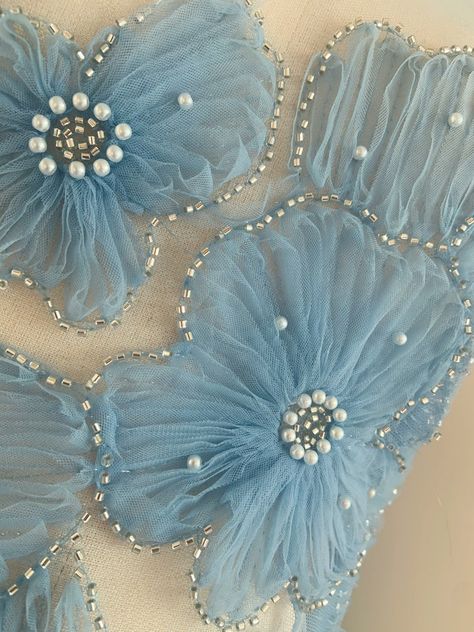 Blue 3d Embroidered Flowers for Couture Bridal Dress French - Etsy Flowers For Dresses Fabric, 3d Flower Fabric, Hand Made Flowers For Dresses, Sew Flowers, Diy Fabric Flowers, Beading Flowers, Ribbon Embroidery Tutorial, Hand Beaded Embroidery, Flowers Dress