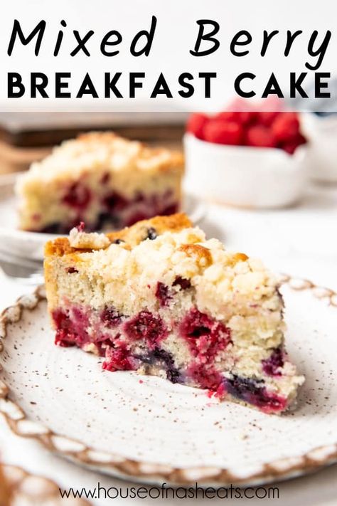 This ultra tender and moist Mixed Berry Breakfast Cake is bursting with sweet-tart raspberries, blueberries, and blackberries in a buttery cake topped with plenty of crumble topping. It's an easy berry coffee cake that can be enjoyed in the morning with a glass of milk or as an afternoon treat! #cake #breakfast #berries #coffeecake Mixed Berry Coffee Cake, Berry Breakfast Cake, Cake Made With Yogurt, Mixed Berry Breakfast, Berry Coffee Cake, Breakfast Cake Recipes, Breakfast Coffee Cake, Cake Breakfast, Streusel Cake