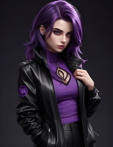 Short Purple Hair, Anime Purple Hair, Dark Purple Hair, Cosplay Pictures, Purple Lady, Color Locks, Cyberpunk Girl, Female Character Inspiration, Green Photo