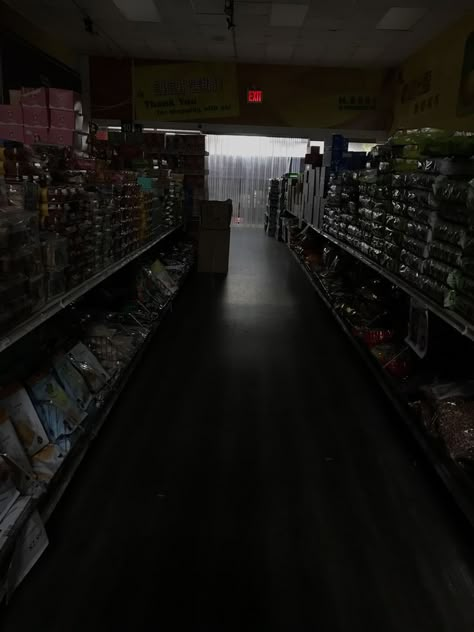 photo of dark supermarket. kinda spooky Dark Apocalypse, Dark Mall Aesthetic, Creepy Grocery Store, Supermarket Aesthetic, Supermarket At Night, Grocery Store Aesthetic, Convience Store Aesthetic Night, Abandoned Grocery Store, Dark Grocery Store Aesthetic