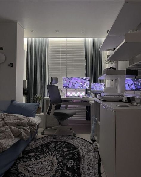 cybercore cyber web webcore room decor inspo design aesthetic blue purple lighting trendy bedroom Gaming Setup Aesthetic, Hiasan Bilik Tidur, Dekorasi Kamar Tidur, Bedroom Setup, Room Redesign, Dream House Rooms, Cozy Room Decor, Minimalist Room, Dreamy Room