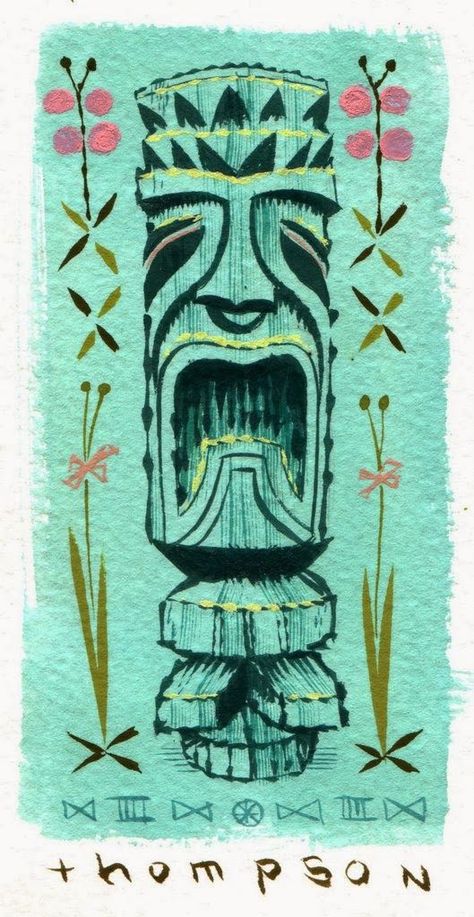 FREAKI TIKI : Tiki Art by Miles Thompson. Tiki God/ Tiki Art #Tiki #Tikiart #Tikistyle Beach Tiki Bar Aesthetic, Tiki Painting, Totem Drawing, Tiki Aesthetic, Tiki Idol, Tiki Ideas, Tiki Signs, Tiki Tattoo, Tiki Statues