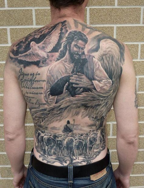 Jesus Shepherd tattoo - 35 Inspiring Religious Tattoos | Cuded Johnny Tattoo, Jesus Tattoos, Christus Tattoo, Bible Quote Tattoos, Jesus Christ Tattoo, Jesus Tattoo Design, Dove Tattoos, Christ Tattoo, Dove Tattoo