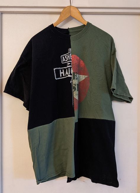 The Clash / Ashbury-Haight No. 2 ~ Upcycled tshirt, Green/black checkerboard pattern [Streetwear, DIY, cotton] - Cool army green on black - Interior seams - 100% cotton Modeled on XS for a comfy over-sized fit. Original shirts are both men's XL. ~ Reworked/handmade by me! ~ Happy to provide measurements.  ** I make custom orders, if you are interested in sending me your original shirts. Items washed before they are sent to you. [Support USPS!] Thank you for visiting a small business! In my efforts for a more sustainable life, I am learning to make my own clothes. My mom (and her mom) taught me to sew while I was growing up. My father donated his shirts so I could make them into a fun new checkerboard design! Easy Clothes Upcycling, Two Shirts Sewn Together, Two Tshirts Sewn Together, Custom Diy Clothes, Diy Shirts Ideas, Sew Two Shirts Together, Mens Reworked Clothes, Upcycle T Shirts No Sew, Sewing T Shirts Ideas