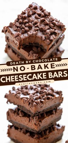 No Bake Cheesecake Bars, Easy Chocolate Dessert, Chocolate Cheesecake Bars, Bake Cheese, Cheesecake Bar, Pretzel Salad, Averie Cooks, Mint Oreo, Easy Chocolate Desserts