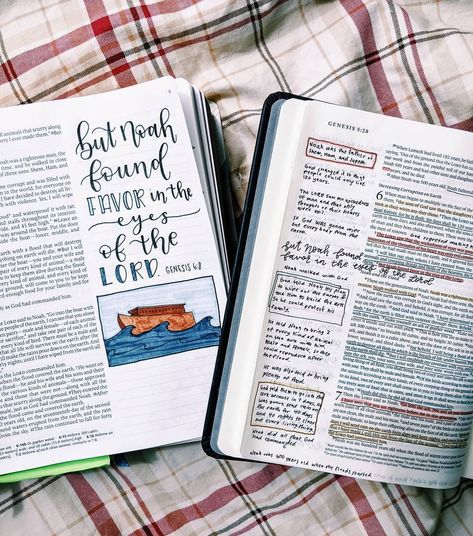 Repost: ( #📷 @emmas.bible ) "But Noah found favor in the eyes of the Lord." Genesis 6:8, NLT Read all of Genesis 6:5‭-‬8 NLT See all NLT journaling Bibles #emmasbible #NLTBible #JournalingBibles #Noah #Genesis Nlt Journaling Bible, Bible Doodles Genesis, Bible Journaling Genesis Ideas, Bible Art Genesis, Noah Bible Journaling, Genesis 5 Bible Journaling, Genesis Bible Art, Genesis 6 Bible Journaling, Bible Journaling Genesis 1:1