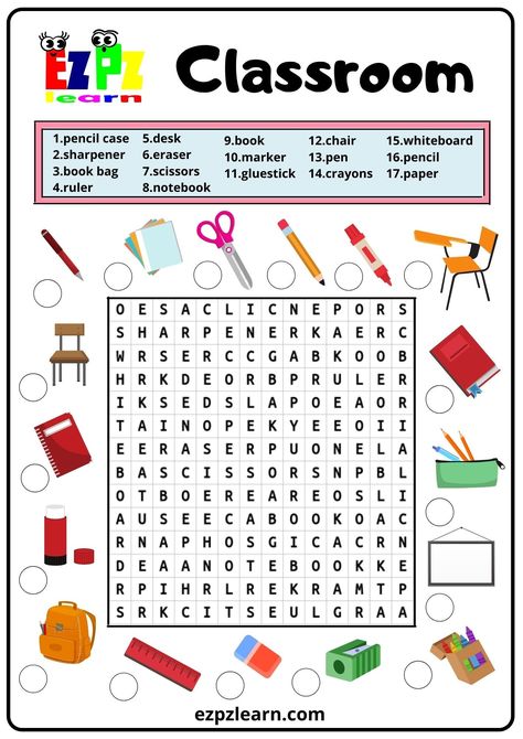 Word Search Preschool, English Ideas Teaching, Words Search Worksheet, My Classroom Worksheets For Kids, My Classroom Worksheets, Classroom Language For Kids, Word Search For Kids Free Printable, In The Classroom Worksheet, Words Games For Kids