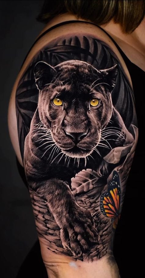 Panther Tattoo Thigh, Puma Tattoo Men, Jaguar Tattoo Men, Panther Tattoo Realistic, Realistic Animal Tattoos, Jungle Sleeve, Tigres Tattoo, Cover Up Tattoos For Men Arm, Puma Tattoo