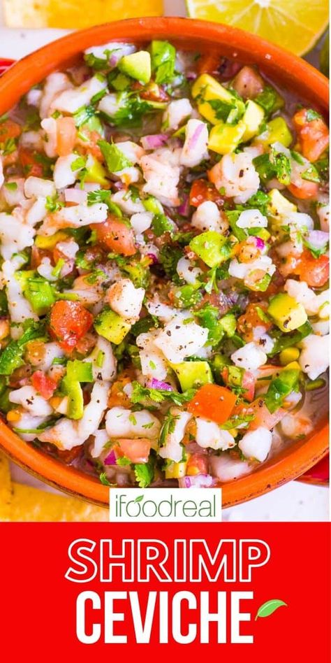 Mexican Shrimp Ceviche Recipe with raw or cooked shrimp that is cool, zesty, and refreshing. Dip into the best shrimp ceviche with tortilla chips, spread on a tostada or add to tacos. Best Ceviche Recipe, Mexican Shrimp Ceviche, Easy Shrimp Ceviche, Ceviche Recipe Mexican, Shrimp Ceviche Recipe, Seafood Feast, Mexican Shrimp, Cooked Shrimp, Ceviche Recipe