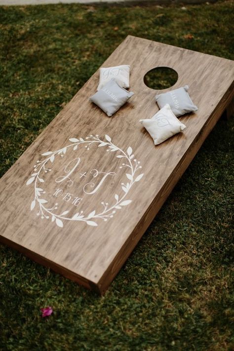 Wedding Games Cornhole, Corn Hole At Wedding, Corn Hole Wedding Game, Wedding Ideas Games Activities, Big Yard Games, Cornhole At Wedding Reception, Farm Wedding Games, Garden Games For Wedding, Outdoor Wedding Entertainment