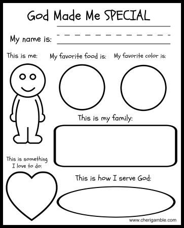 God made me special printable - fill this out and mail it to the child you sponsor. Send a blank copy and ask your sponsored child to share how God made them special. God Made Me Special, Preschool Bible Lessons, Family Worksheet, Children's Church Crafts, Bible Activities For Kids, Preschool Bible, Sunday School Crafts For Kids, God Made Me, Bible School Crafts