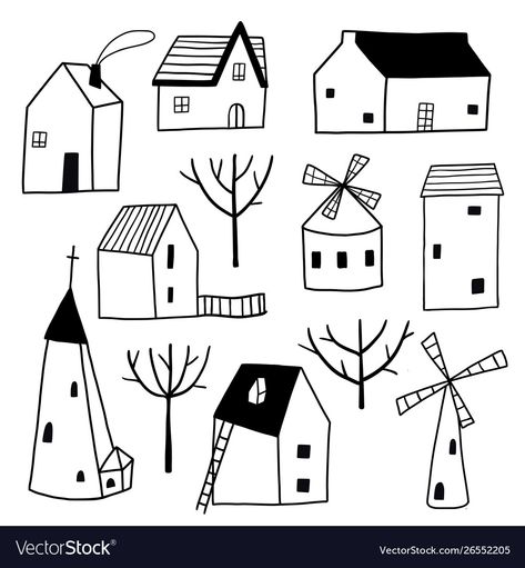 Landscape Line Art, House Doodle, Cottage Illustration, Art Buildings, Town Houses, Doodle Tattoo, Line Art Vector, House Sketch, Drawing Activities