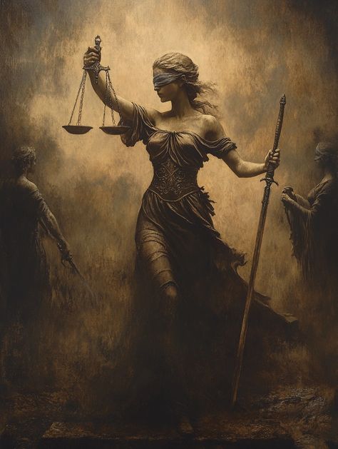 Step into the realm of timeless power and fairness with this haunting portrayal of Lady Justice, holding the scales and sword with unwavering resolve. The earthy tones and ethereal aura make this piece perfect for those who appreciate the symbolism of justice and the pursuit of truth. 💫✨ #LadyJustice #Balance #JusticeArt #Symbolism #TimelessTruth... Lady Justice Art, Lawyer Vibes, Scales Of Justice Art, Lady Of Justice, Oil Painting Realistic, God Oc, Scale Of Justice, Justice Scale, Scales Of Justice