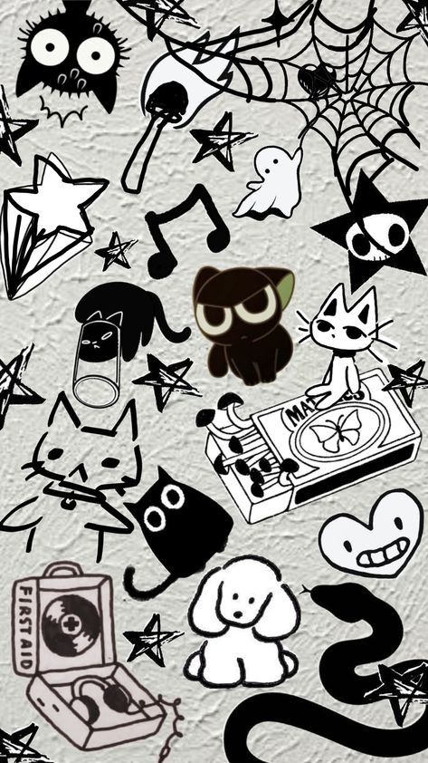 Doodle wallpaper #doodles #blackdoodles #catdoodles #blackcats #matches #cats #spiderweb #music #mushrooms #stars #blackstars #stardoodles #violetshuffle Wallpaper Aesthetic Doodle, Doodle Wallpaper Aesthetic, Doodle Wallpaper, Doodle Collage, Notebook Drawing, Wallpaper Iphone Boho, Diamond Wallpaper, Cat Background, Cute Summer Wallpapers