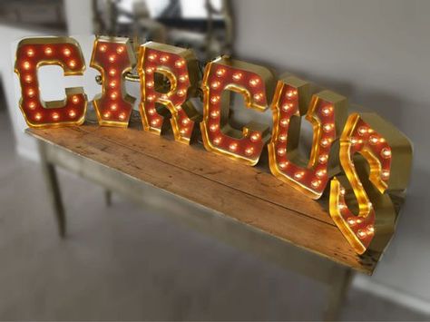 CIRCUS for Chris Bosh's 30th Birthday with GOLD Edging and Holywood Lights: Carnival Letters Light Circus Playroom, Circus Room, Letter Lamp, Circus Photography, Circus Lights, Carnival Decor, Light Up Letter, Circus Nursery, Circus Signs