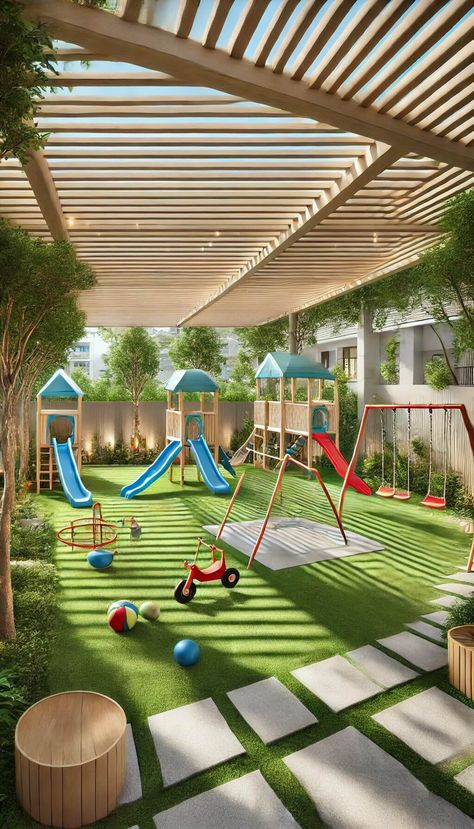 20+ Creative Contemporary Backyard Ideas for a Dreamy Retreat 52 Landscape Design For School, Restaurant With Playground, Children Outdoor Play Area, Daycare Outdoor Play Area, Kids Playground Backyard, Garden Design For Kids, School Garden Ideas, Backyard Play Area For Kids, Backyard Activities For Kids