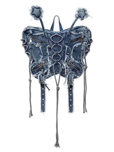 This denim bag features a butterfly-shaped design with lace-up detail and frayed hem，adding a touch of fashion-forward flair. It comes with two adjustable straps, allowing for versatile wear as both a backpack and a shoulder bag.  The price includes the bag, a single shoulder strap, and a double shoulder strap.   	 		 			Size 			Free Size 		 		 			Length 			35 		 		 			Width 			18 Butterfly Inspired Fashion, Denim Butterfly, Butterfly Backpack, Butterfly Bag, Black Pleated Mini Skirt, Steampunk Fashion Male, Butterfly Bags, Pink Shoulder Bag, Denim Projects