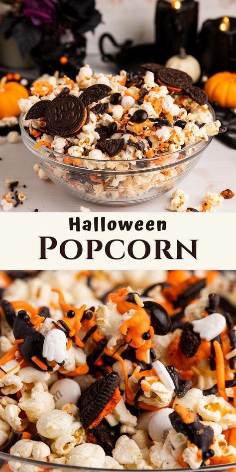 halloween popcorn in bowl and up close. Halloween Movie Night Party, Spooky Movie Night, Halloween Oreos, Halloween Popcorn, Spooky Halloween Treats, Halloween Movie Night, Movie Night Snacks, Halloween Party Snacks, Popcorn Recipe