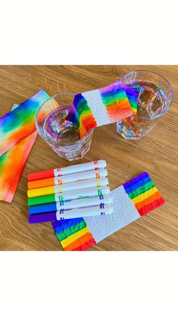 Sally on Instagram: "Easy Rainbow Science Experiment This was such an engaging but simple experiment that we ended up doing over and over again. I started out by colouring rainbows on either end of a strip of kitchen towel using our @crayola_uk super tips. We then put the coloured ends of the kitchen towel into two small glasses of water, and watched the ink rise up the paper. Jessica loved watching this. Jessica was then keen to create her own patterns on the paper towel, and she repeated t Liquid Paper, Paper Tower, Rainbow Experiment, Rainbow Activities, After School Club, Rainbow Painting, Nursery School, Rainbow Paper, Towel Colors