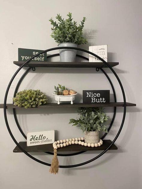 Round Shelves In Bathroom, Circle Shelf Over Toilet, Circle Shelf Decor Bathroom, Bathroom Circle Shelf, Round Shelf, Sweet Cheeks, Stunning Bathrooms, Bathroom Trends, Diy Farmhouse Decor