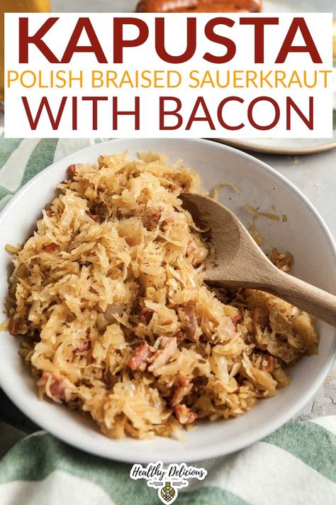 New Years Sauerkraut Recipes, Pork Loin Recipes With Sauerkraut, Sweet Sauerkraut Recipes, Hungarian Sauerkraut Recipes, Saurkraut Recipes Side Dish, Sauerkraut Side Dish, Sauerkraut And Bacon Recipes, Sauerkraut Side Dish Recipes, Polish Pork Chops