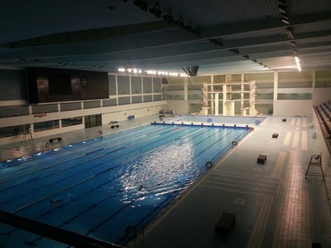 Indoor Pool School, Closed Swimming Pool, Liminal Space Swimming Pool, Indoor Swimming Pool Aesthetic, Indoor Pool Aesthetic, Cas Songs, School Swimming Pool, Pool Area Ideas, School Pool Party