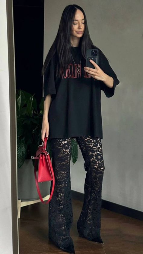 Outfit For Meal Out, Lace Fall Outfits, Festival Simple Outfit, Lace Pants Street Style, Black Lace Trousers Outfit, Elevated Goth Style, Date Night Concert Outfit, Black Lace Pants Outfit, Rock Festival Outfit Summer