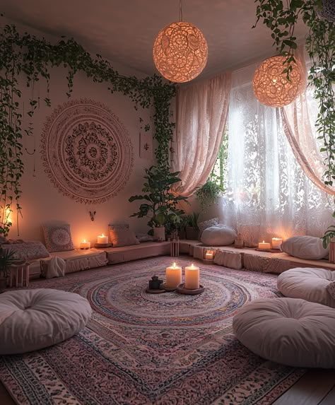 A tranquil meditation space adorned with soft-toned mandala wall art, plush cushions, gentle candlelight, and indoor plants, fostering a serene environment for mindfulness and relaxation. Spiritual Home Decor Ideas, Meditation And Yoga Space, Yoga In Living Room, Peace Room Ideas, Calm Yoga Room, Creating A Meditation Space At Home, Spiritual Room Decor Ideas, Zen Den Ideas Meditation Space, Cozy Meditation Corner